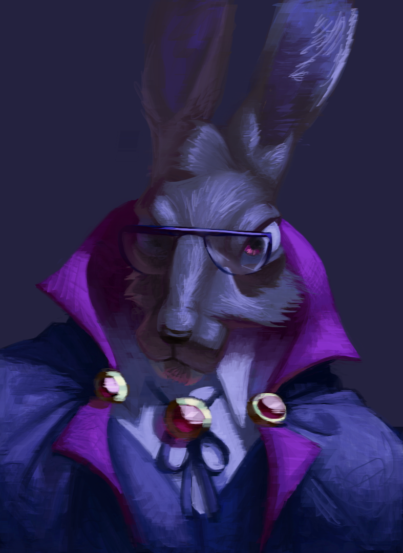 a cartoony drawing of a brown hare character, headshot