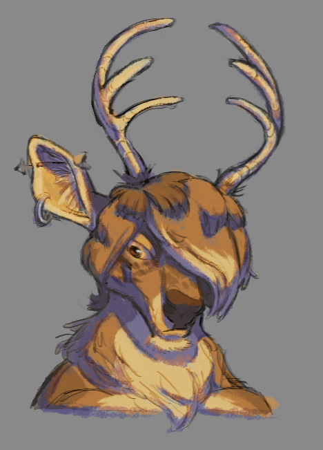 a cartoony drawing of a deer character, headshot