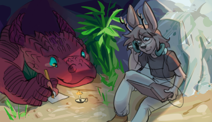 a drawing of a bunny character hanging out with a dragon, fullbody