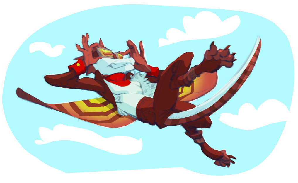 a cartoony drawing of a flying lizard character, fullbody