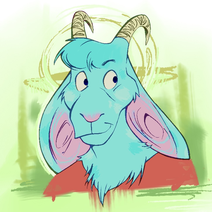 a cartoony drawing of a blue goat character, headshot