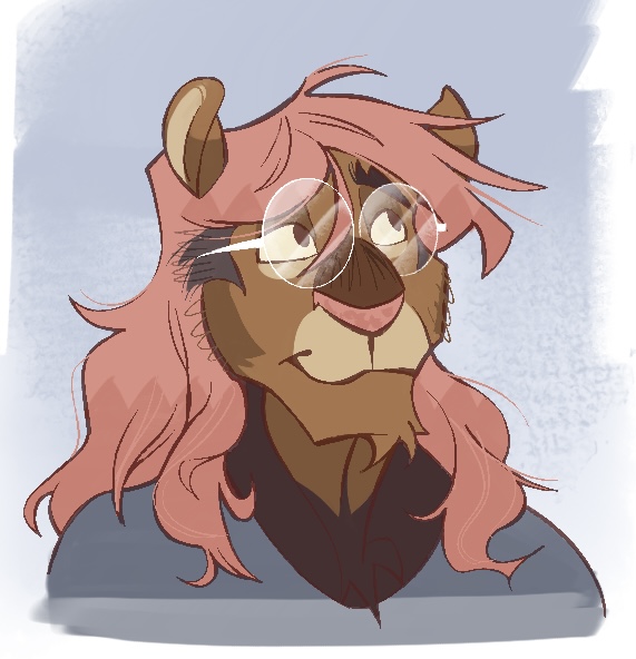 a cartoony drawing of a lion character, headshot