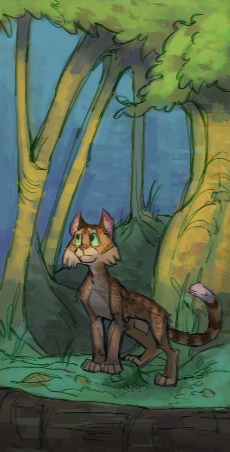 a cartoony drawing of a cat character standing in the forest, fullbody